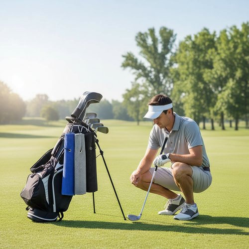 Golfer cleaning club grooves on course with microfiber towel clipped to bag