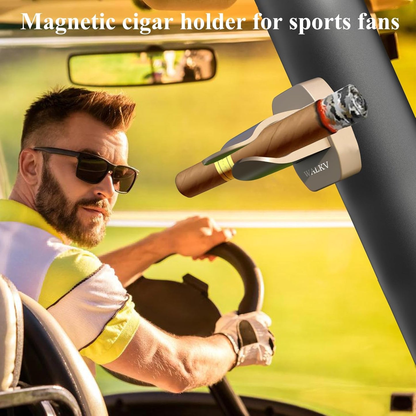 Magnetic Cigar Holder for Golf Cart, Universal Fit 30-60 Ring Gauge, Aluminum with Velcro Mount, Golf Cart Cigar Accessories Cigar Gifts for Golfers(Champagne Gold)