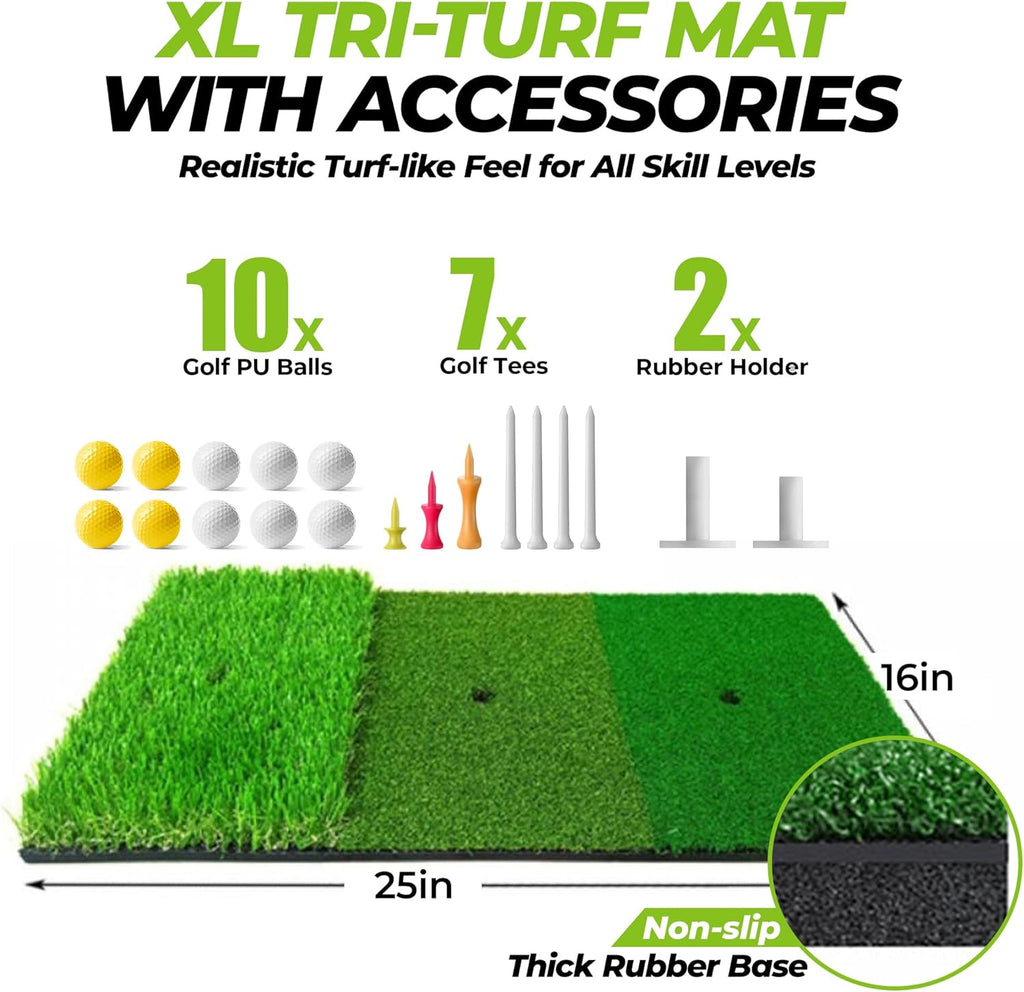 Golf Net, 10X7Ft All in 1 Golf Practice Net with XL Tri-Turf Golf Mat, Impact Target, 10 Golf Balls, 7 Golf Tees, 2 Rubber Golf Tees, Carry Bag, Golf Net for Backyard Driving Chipping Indoor
