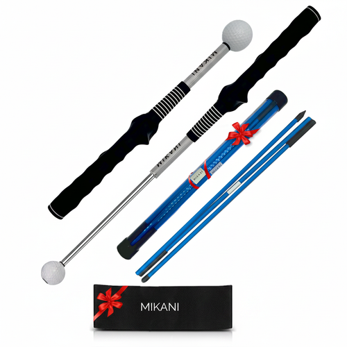 3-in-1 golf trainer kit flat lay with swing stick, alignment rods and gift box