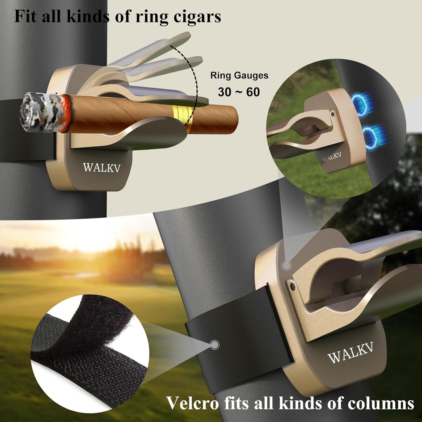 Magnetic Cigar Holder for Golf Cart, Universal Fit 30-60 Ring Gauge, Aluminum with Velcro Mount, Golf Cart Cigar Accessories Cigar Gifts for Golfers(Champagne Gold)