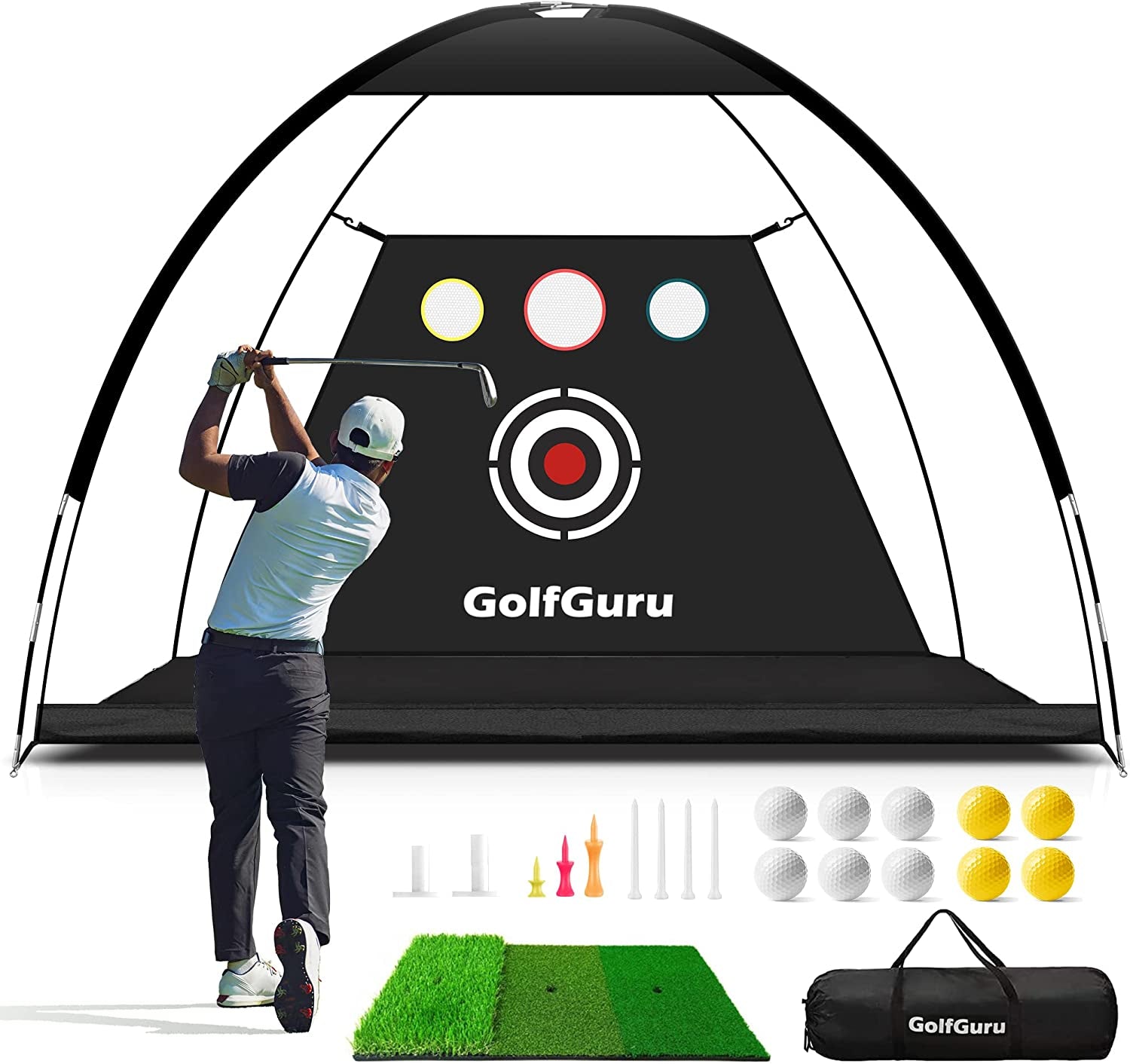 Golf Net, 10X7Ft All in 1 Golf Practice Net with XL Tri-Turf Golf Mat, Impact Target, 10 Golf Balls, 7 Golf Tees, 2 Rubber Golf Tees, Carry Bag, Golf Net for Backyard Driving Chipping Indoor