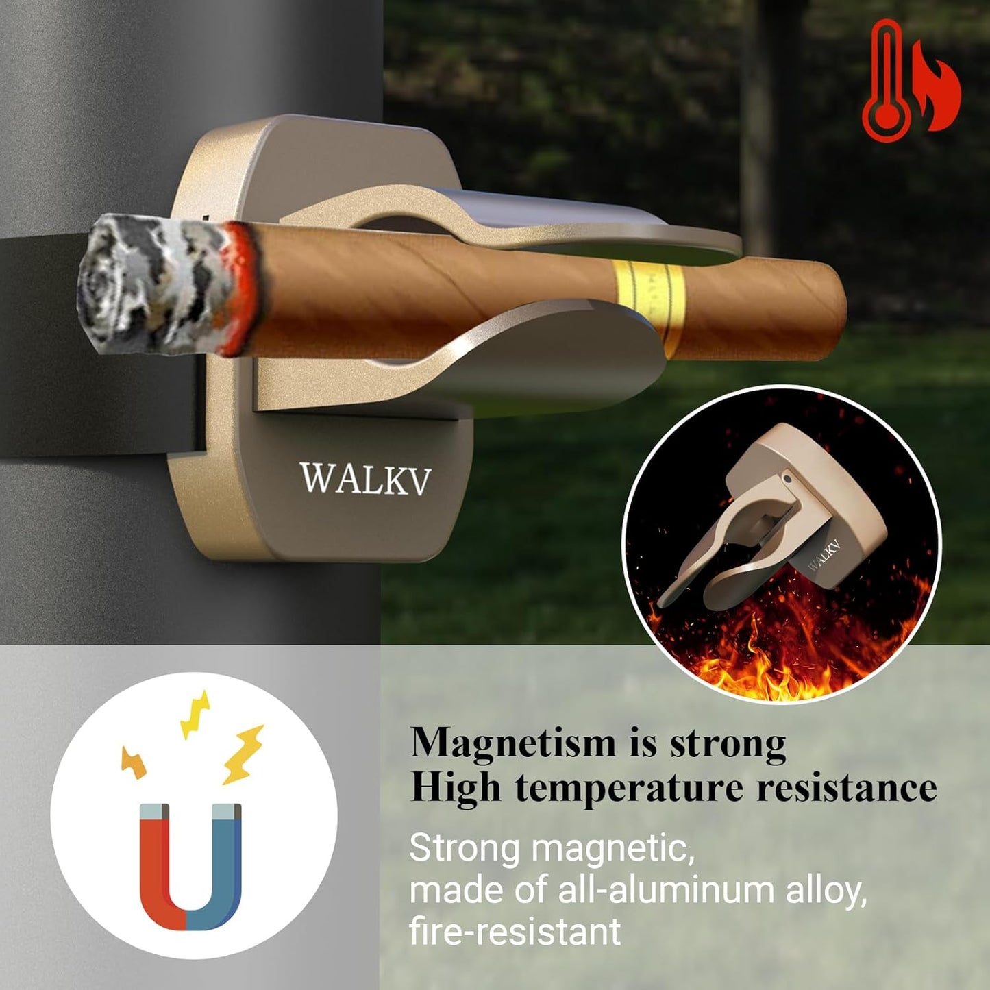 Magnetic Cigar Holder for Golf Cart, Universal Fit 30-60 Ring Gauge, Aluminum with Velcro Mount, Golf Cart Cigar Accessories Cigar Gifts for Golfers(Champagne Gold)