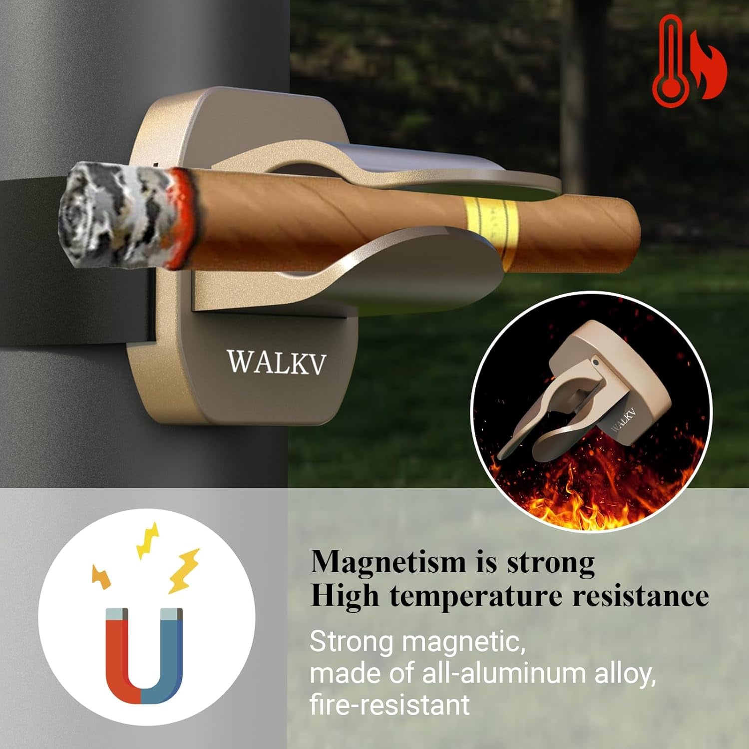 Magnetic Cigar Holder for Golf Cart, Universal Fit 30-60 Ring Gauge, Aluminum with Velcro Mount, Golf Cart Cigar Accessories Cigar Gifts for Golfers(Champagne Gold)