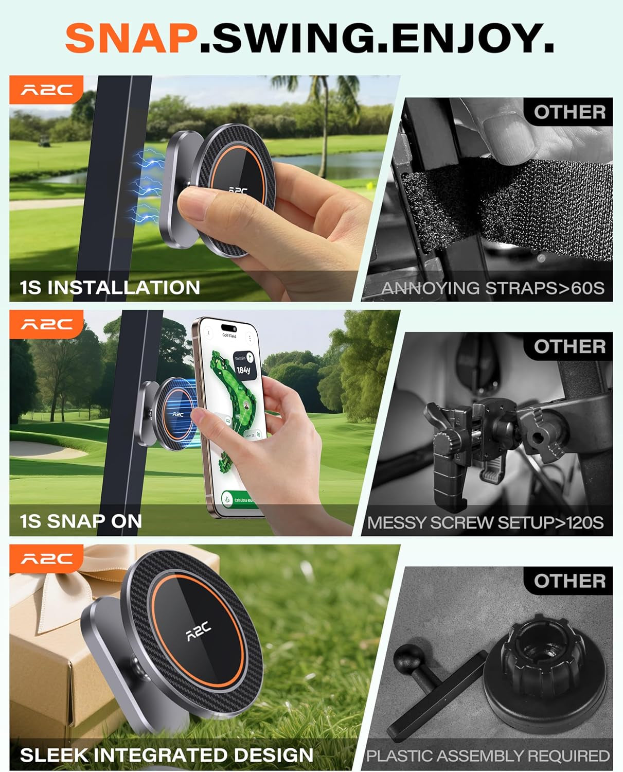 Alloy Magnetic Golf Cart Phone Holder for Magsafe Iphone, Unique Golf Gifts for Men Golfers Dad Father, Gift for Him Husband, Accessories Essentials Gadgets Fits EZGO, Club Car, Yamaha